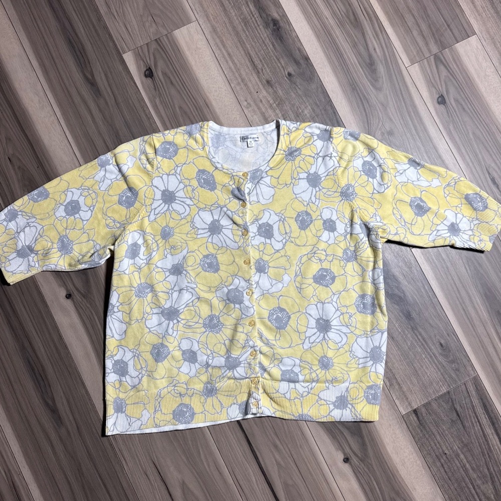 Croft & Barrow Womens Yellow Floral Short Sleeve Button Front Cardigan Size 3X